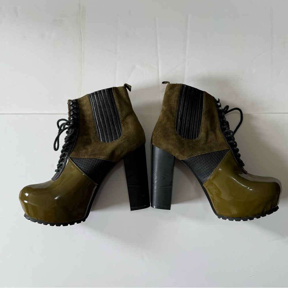 Matiko Olive Green Suede/Patent High-Heel Boots